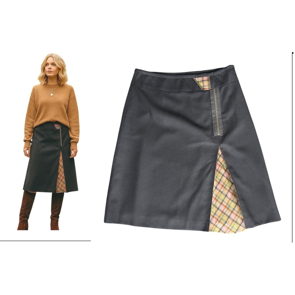 Garnet Hill Wool Blend Skirt Plaid Accent Career Work Skirt Trendy Chic Brown 6